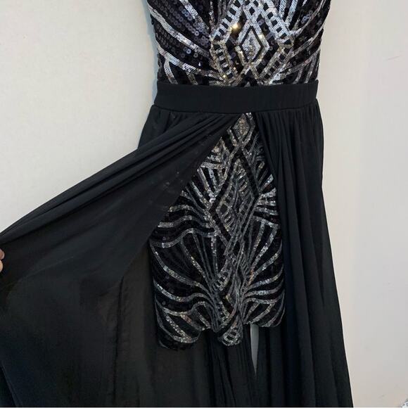 City Studio Black Silver Sequin Mini Dress With Train Formal Prom Homecoming - Picture 3 of 6